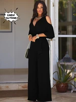 2024 Primavera/Novedad de verano mono de mujer suelto y elástico con cuello en V y hombros descubiertos pantalones de pierna ancha sueltos para ropa de mujer
