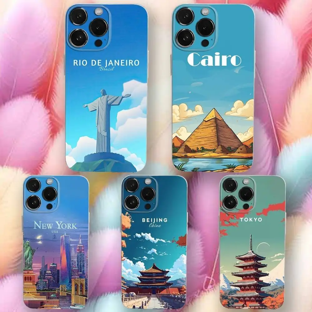 

City P-Painting Illustration Phone Case For iPhone16,se4,15,14,13,12,11 Plus,Pro,Max,XR,XS,X,Plus,SE,Mini Transparent Soft Cover