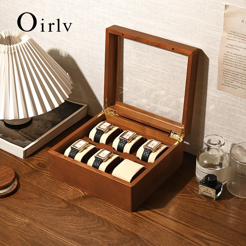 

Деревянная коробка для хранения часов Oirlv, нежная пылезащитная стеклянная крышка, коробка для часов, коробка для сбора наручных часов, дисплей для хранения, коробка для часов с 6 поясами