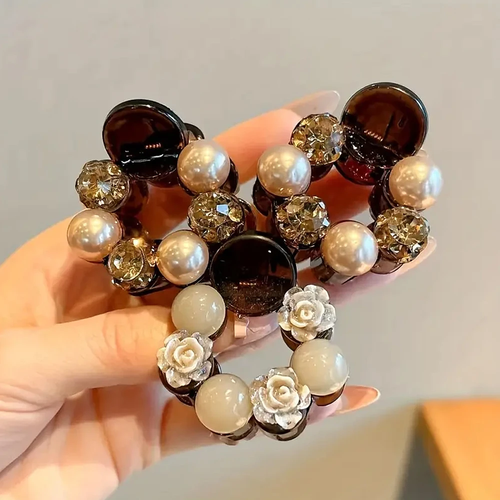 Fashion Rose Flower Hair Claw Faux Pearl Crystal Acrylic Jaw Clips Women Girls Non-Slip Ponytail Holder Hairpins Casual Headwear