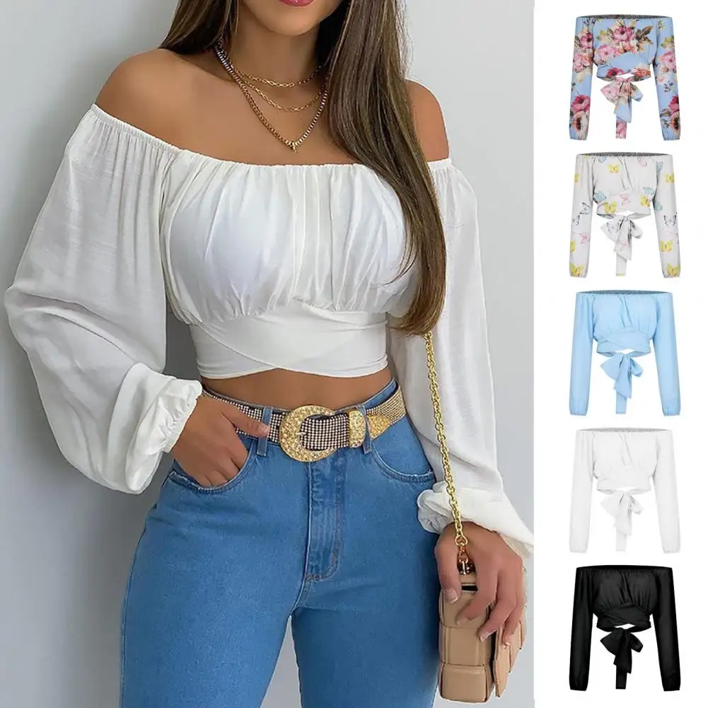 Women Elegant Boho Print Blouse Casual Long Lantern Sleeve Sexy Off Shoulder Slim Shirt Female Chic Cropped Top Summer Tunics