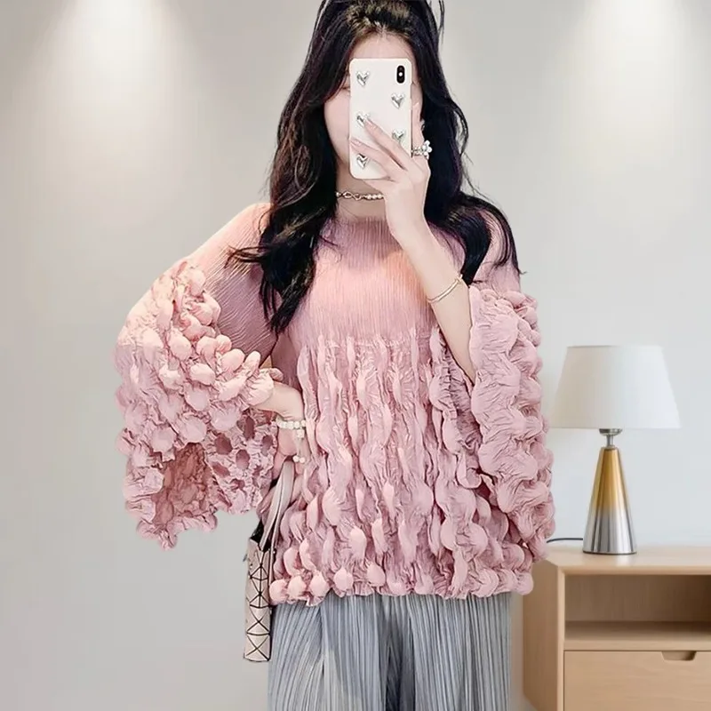 

Miyake Solid Color Bubble Pleated Tops Women's Commuter Versatile Thin New Flared Sleeve T-shirt High Elastic Korean Clothing