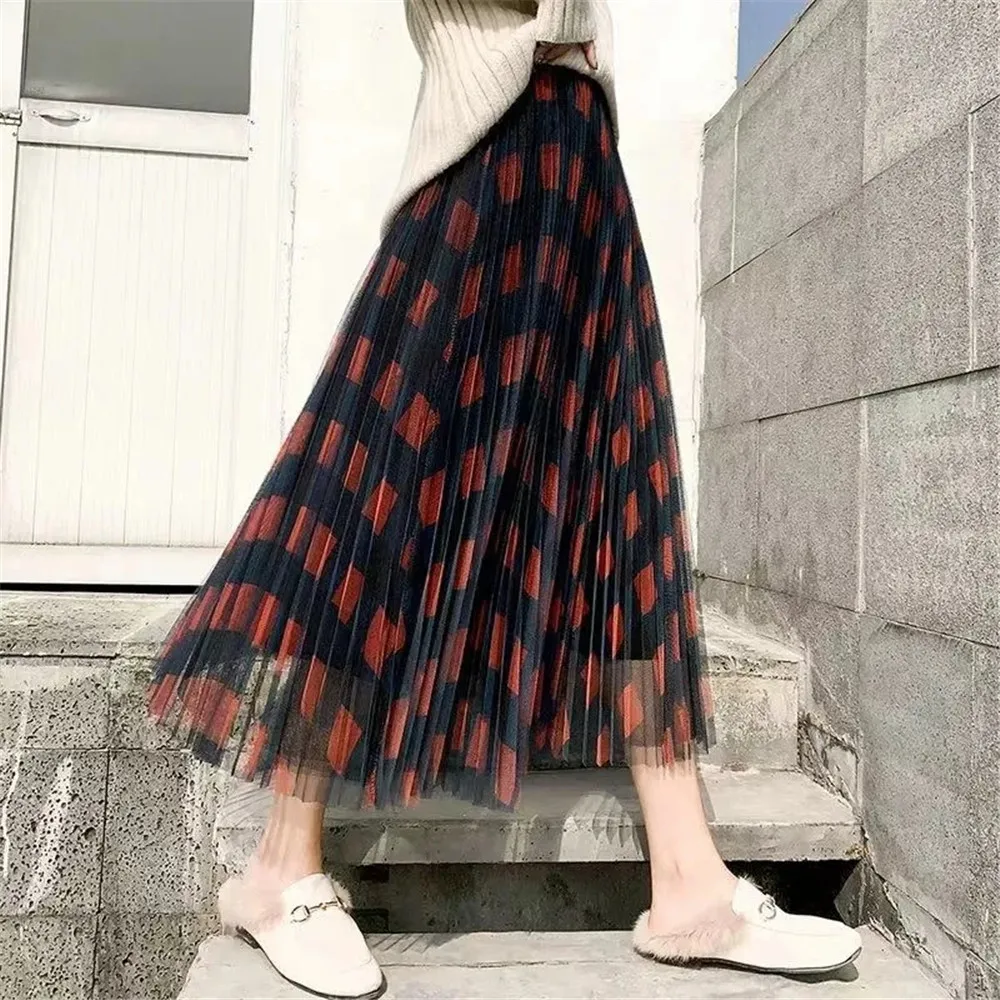 Cute Plaid Printed Tulle Long Skirt Women Fashion 2022 Autumn Winter Korean School Checked High Waist Pleated Maxi Skirt Female