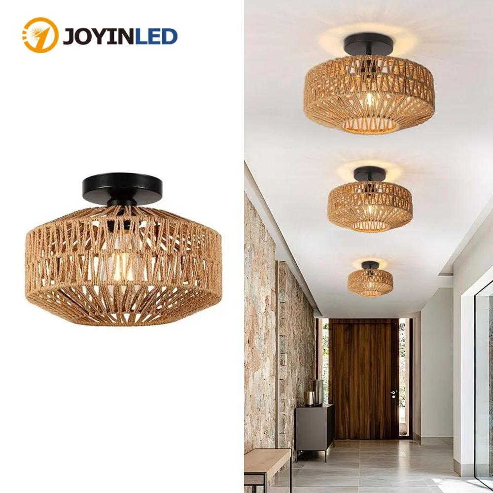JOYINLED Hand Woven Natural Rattan Ceiling Chandelier Hanging Lamp Rattan Fixture Weaving Home Living Room Decor Ceiling Light