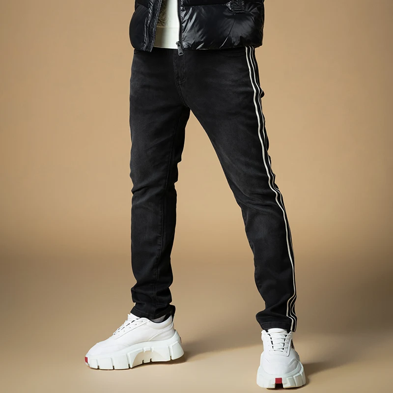 

Black Casual Men's Jeans Striped Trendy Long Pants Autumn Winter Fashion Antimicrobial Cotton Polyester Spandex Blend Trousers