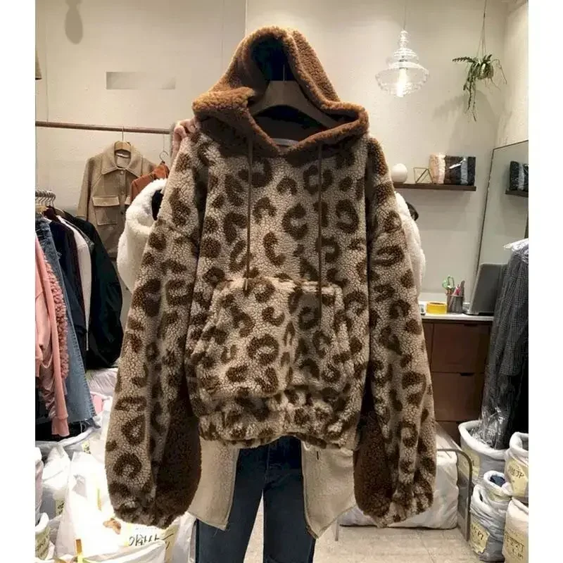 Leopard Hoodies Women Thicken Hooded Zip Up Jacket Fashion Design Plush Vintage Hoodie Spring 2024 New in Korean Hooded Coat Y2k