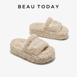 BEAUTODAY Fluffy Slippers Women Curly Short Plush Letter Knitting Home Platform Slippers Winter All-match Ladies Handmade 38536