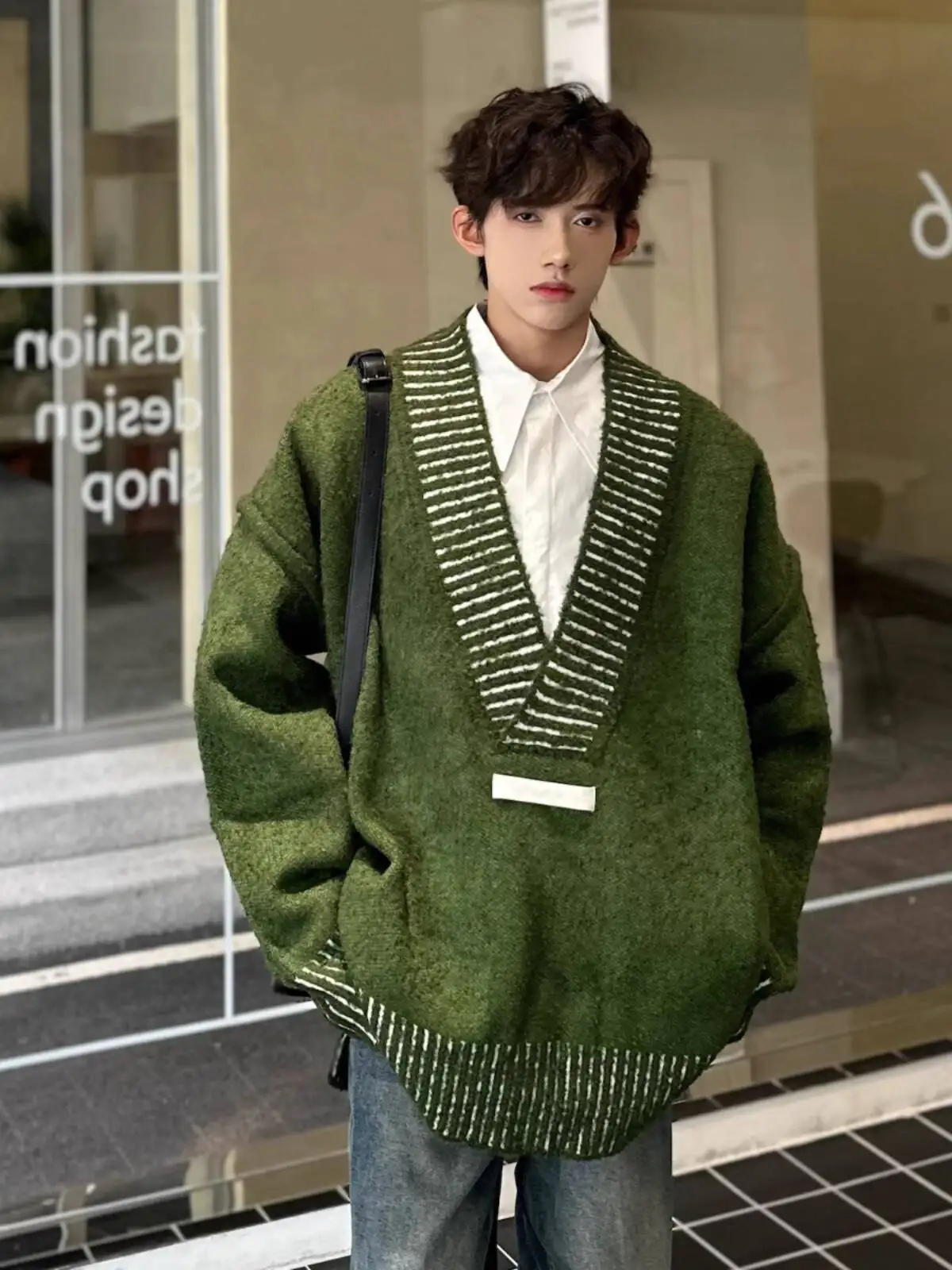 Men's Apricot V Neck Sweater Vintage Lazy Style Low Cut Outerwear Premium Couple Knitwear