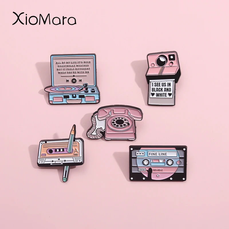 Retro Gramophone Enamel Pins Cartoon Fine Line Tape Camera Phone Brooches Lapel Badges Funny Jewelry Gift For Best Friend