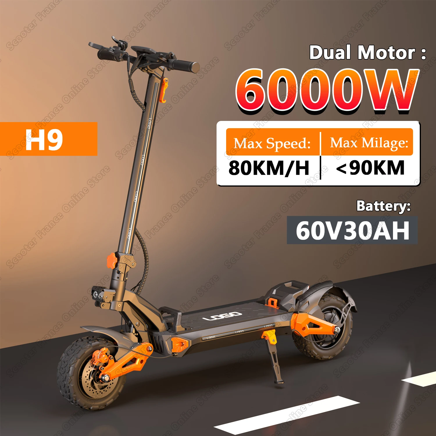 FREEBOY H9 Elektroroller, 6000 W, Doppelmotor 60 V, 30 Ah, Höchstgeschwindigkeit 80 km/h, maximale Laufleistung 90 km Elektroroller, 11-Zoll-Reifen-E-Scooter