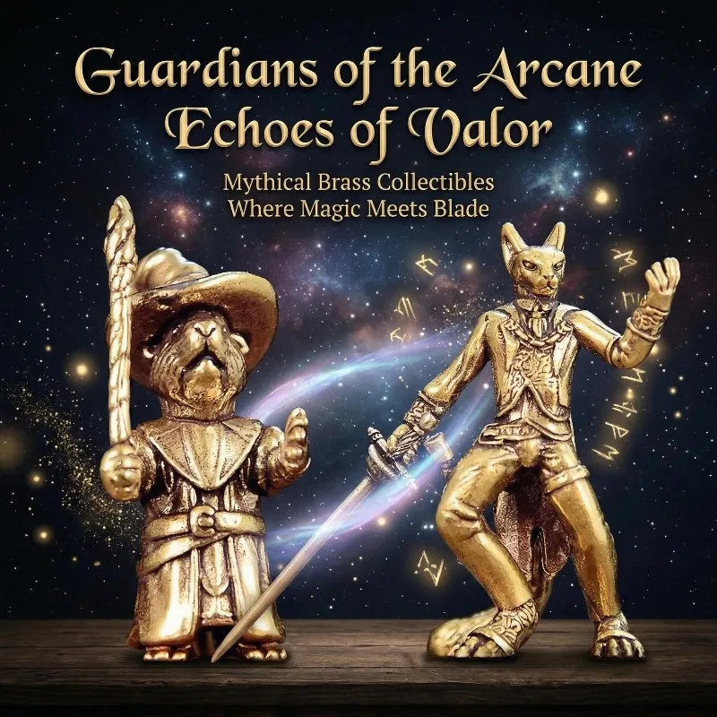 Mini European Brass Cat Sith Statue Cat Demon Swordsman Mouse Wizard Metal Sculpture Office Home Desktop Decoration Ornament