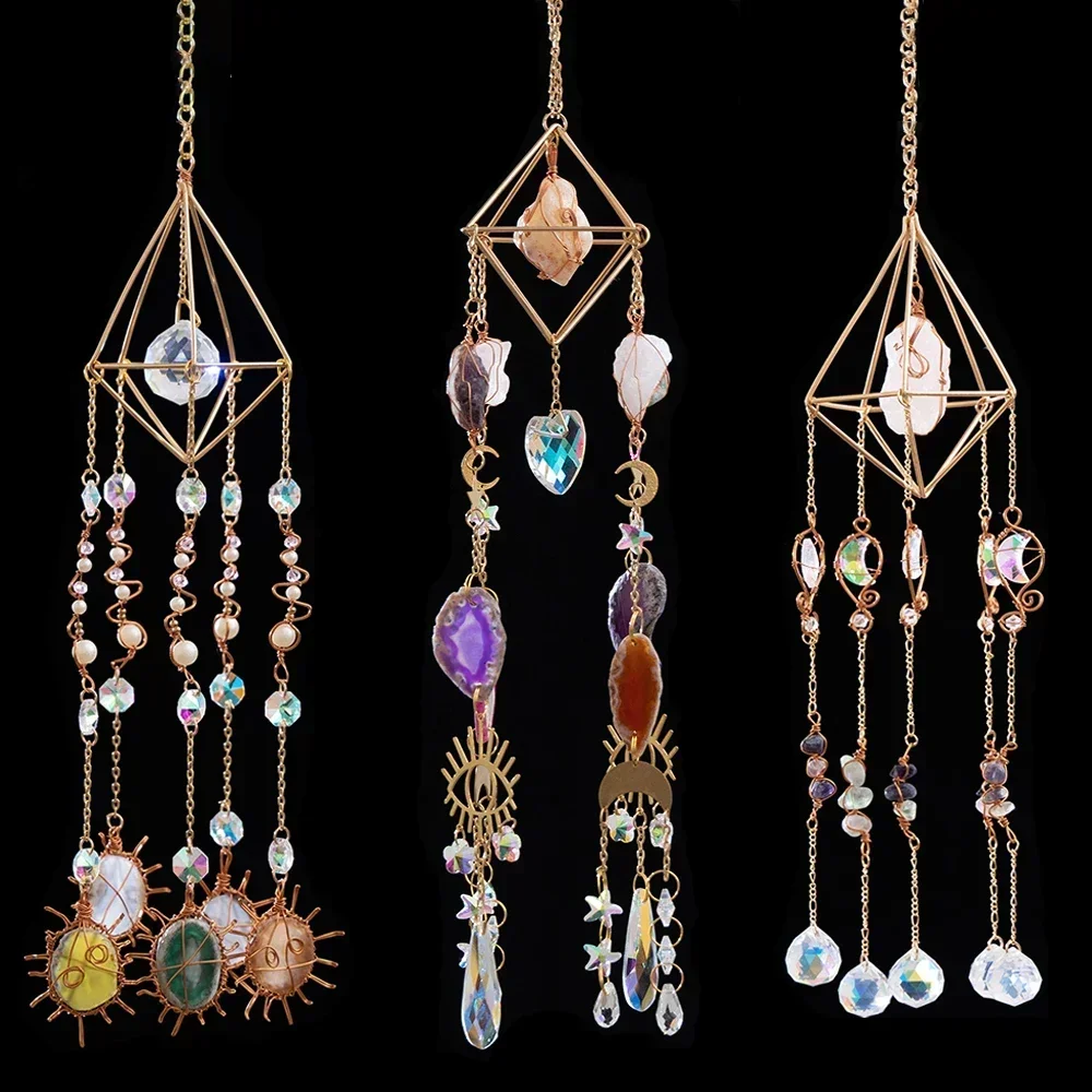 Sun Catcher Natural Raw Stone Hanging Ornaments Colored Agate Dream Catcher Garden Decoration Crystal Sun Catcher Birthday Gift