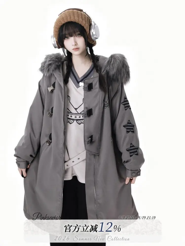 Women Windbreaker 2026 Autumn Winter New Gray Mid-length Fur Hooded Parka Thickened Star Buckle Design Slim Fit Windproof