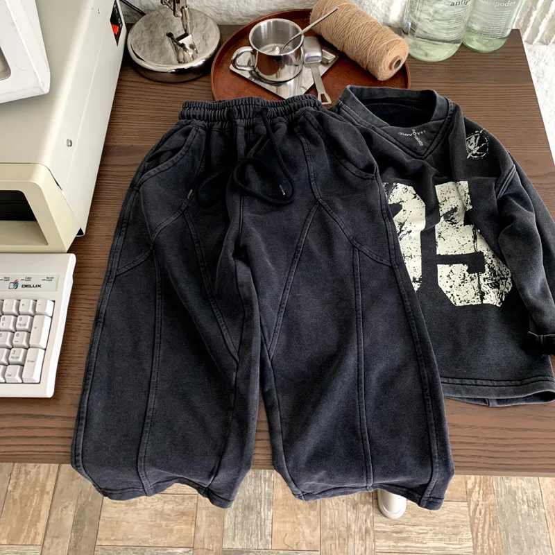 

Boys Pant 2025 Autumn Heavyweight Washed Sporty Versatile Casual Curved-Leg Black Solid Color Long Sweatpants