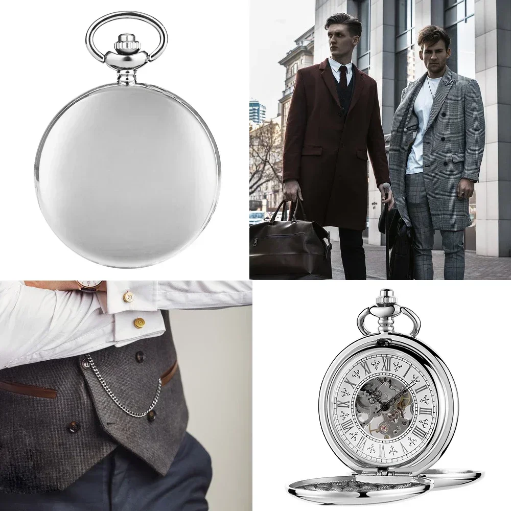 Silver Double Face Hand Wind Mechanical Pocket Watch Luxury Vintage Pocket&Fob Chain Watches Practical Pendant Chain Clock Gift