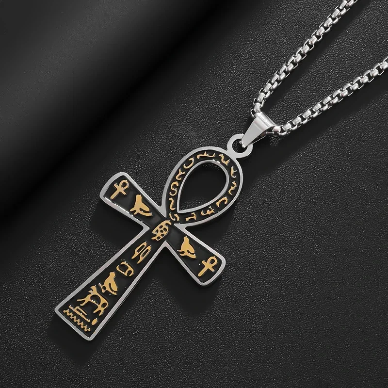 Ancient Egyptian Ankh Stainless Steel Cross Totem Necklace Men\'s and Women\'s Fashion Lucky Life Key Amulet Jewelry