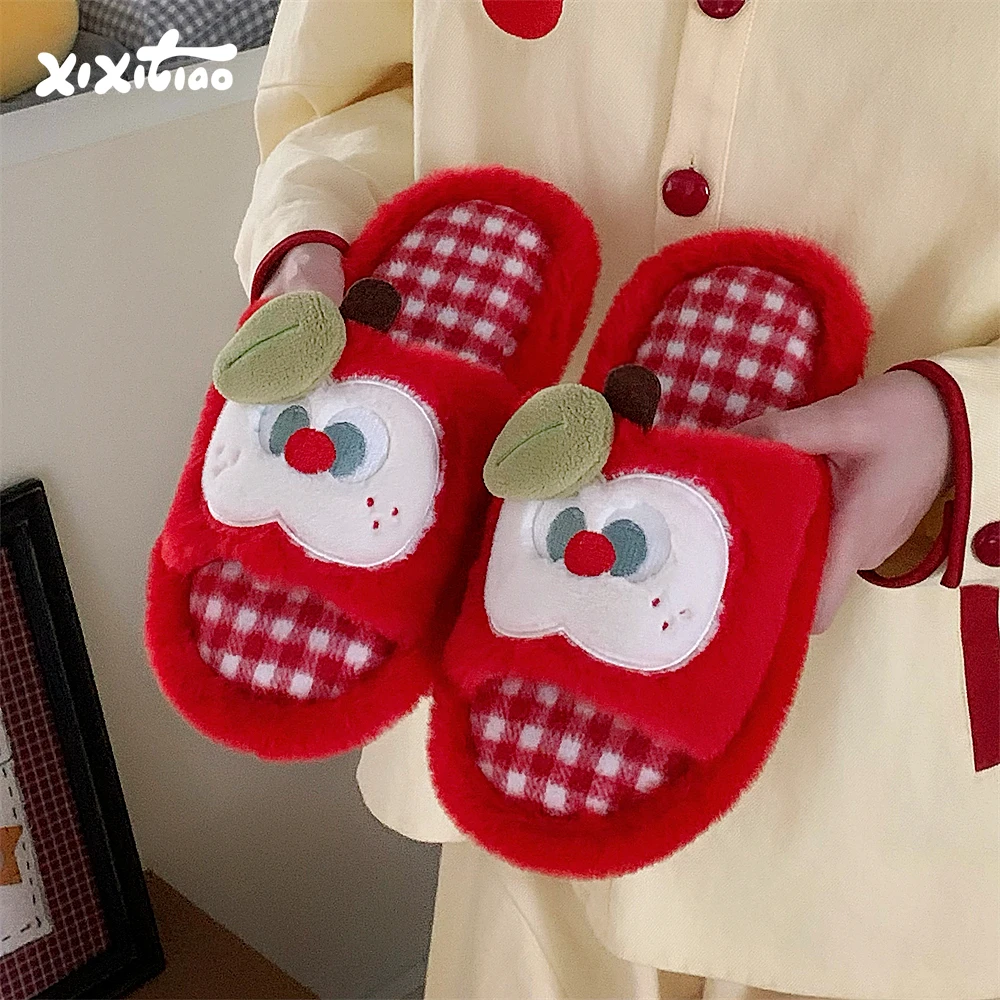 

Милые красные тапочки Plu, женские домашние нескользящие хлопковые тапочки, теплые и удобные домашние тапочки на осень-зиму
