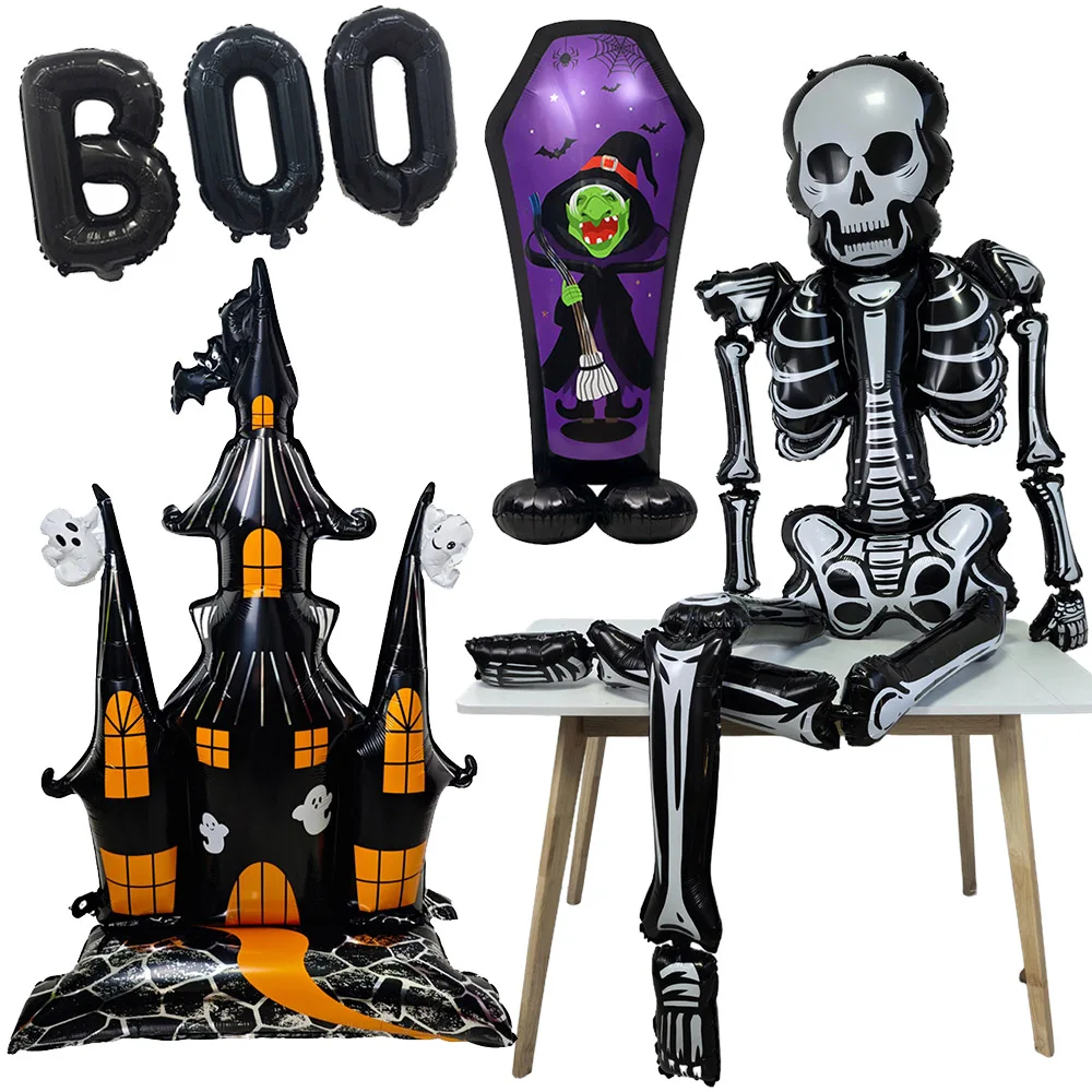 Riesige Stehende Halloween-Ballons: Skelett-Mann, Schloss, Hexe, Grabstein, Boo Folienballons für Halloween-Party-Dekoration