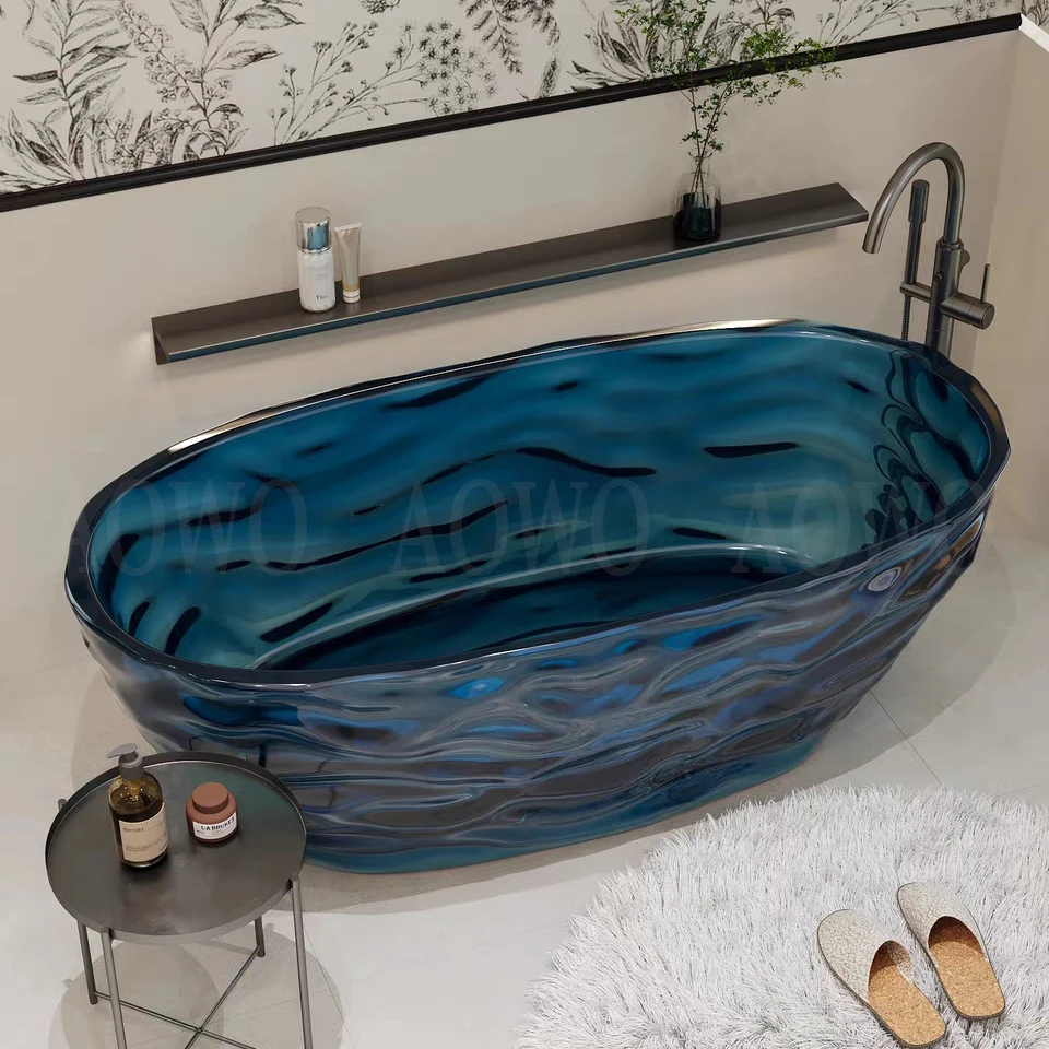 

Color Transparent Resin Bathtub Stand On Tile Color Wave Pattern Oval-shaped Beauty Deep Soaking Warm Bathtub