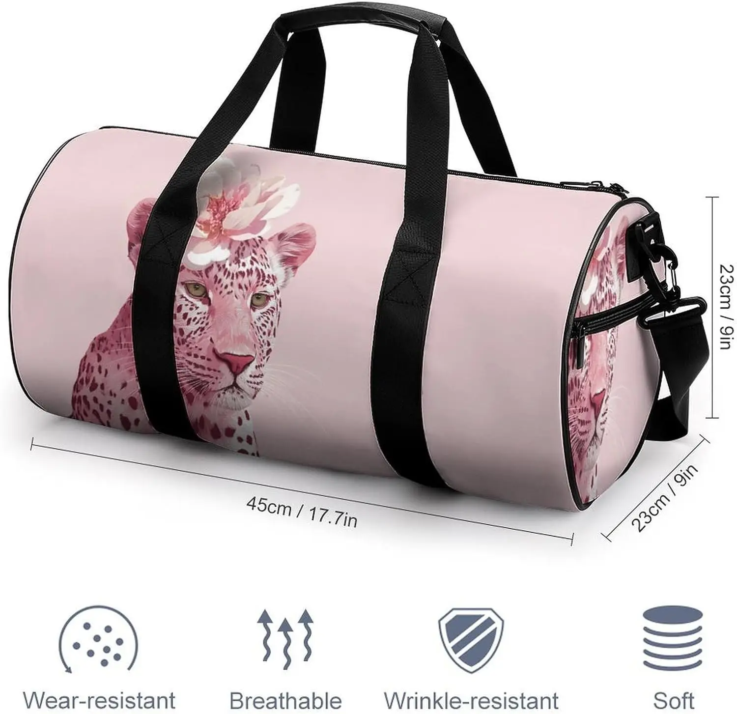 

Спортивная сумка для путешествий и тренировок с рисунком розового леопарда и цветами, цилиндрическая, унисекс, с плечевым ремнем