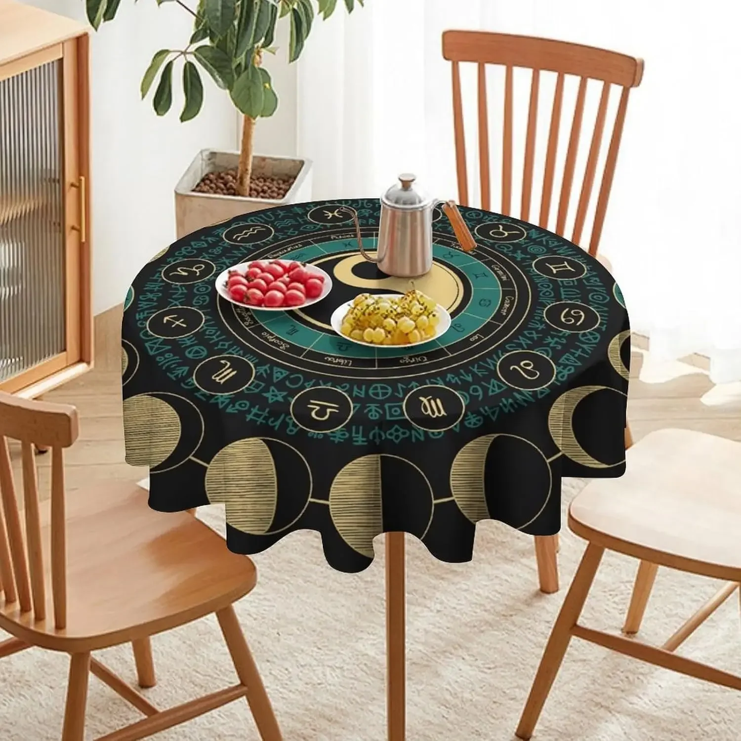 Retro Zodiac Signs Celestial Circle Tablecloth - Boho Sun Moon Phase Oriental Theme Diner Cover