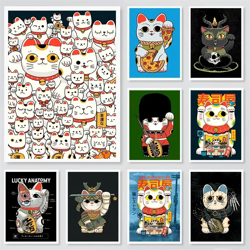 Lucky Cats Cartoon Poster Canvas Prints Lucky Sushi Bar Wall Art Decor Cute Cartoon Cat Prints Decor for Shop Maneki Neko Decor