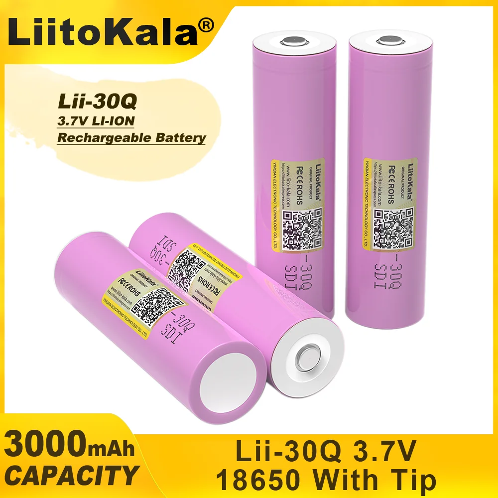 LiiotKala Nowy akumulator 3,7 V 18650 3000 mAh INR 1865030 Q 3,6 V rozładowanie 20 A maks. 35 A akumulator zasilania + końcówka do latarki