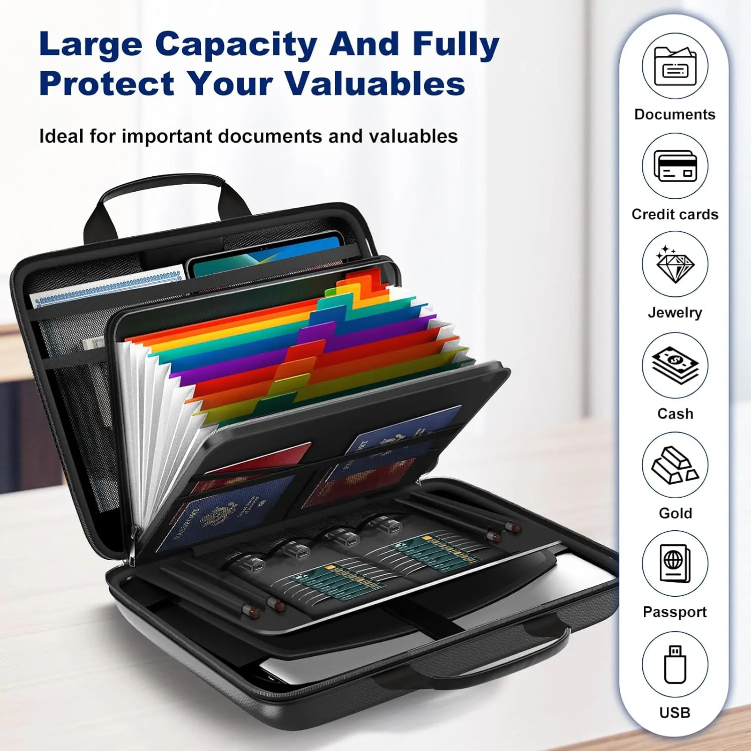 Fireproof Document Organizer with Lock, 13 Pockets, Portable Hard Case for Home Office Travel Storage