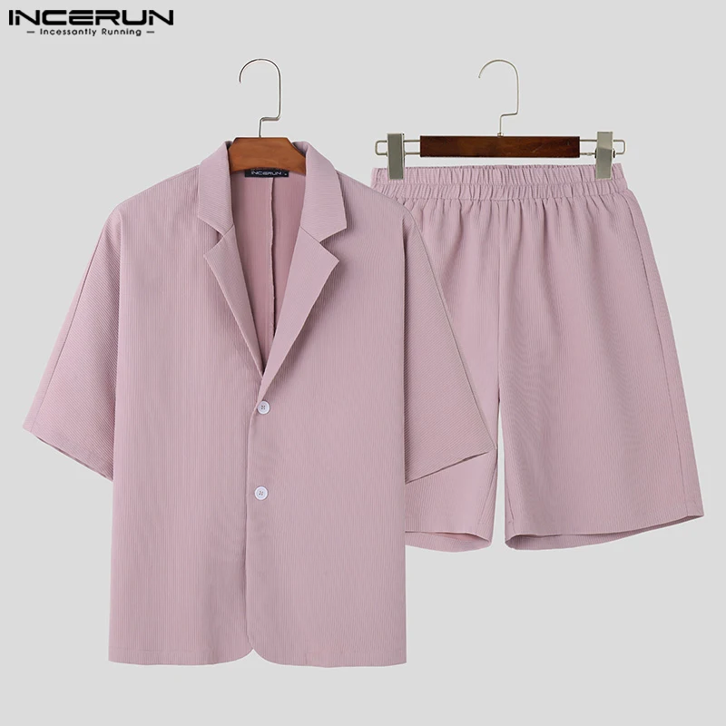 INCERUN 2024 Korean Style Fashion Sets New Men Texture Half Sleeve Loose Suit Shorts Casual Streetwear Male Two Piece Sets S-5XL