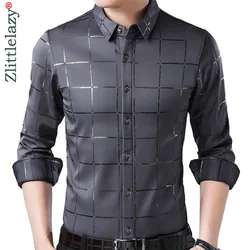 2022 marca Casual primavera lujo a cuadros manga larga Slim Fit hombres camisa ropa de calle camisas de vestir sociales moda para hombres Jersey 2309