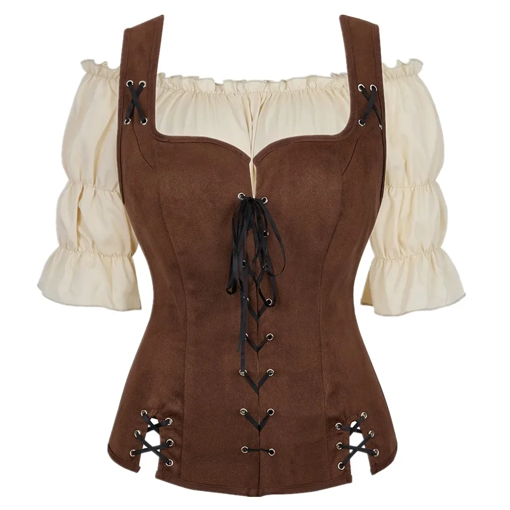 Colete pirata medieval com alças para mulheres plus size, steampunk, gótico com renda acima do espartilho, espartilho renascentista fora do ombro, blusa