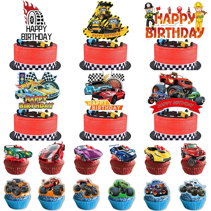 Hot Wheels decorazione di compleanno auto da corsa stoviglie di carta Cupcake Toppers auto da corsa Baby Shower bambini ragazzi forniture per feste