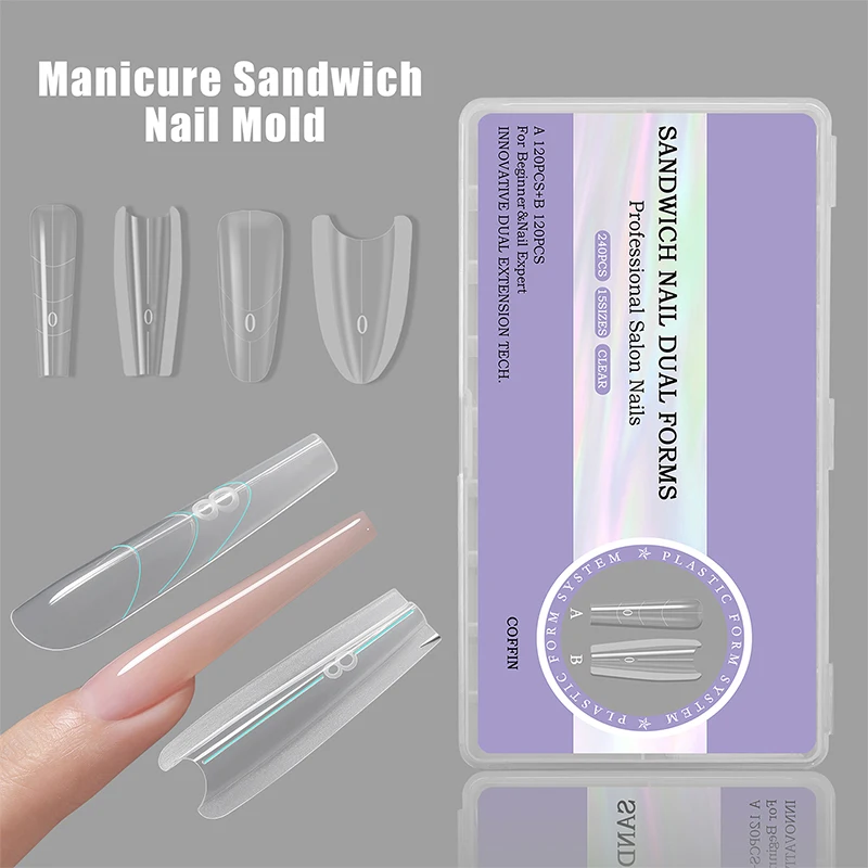240PCS 14 Sizes Reusable Sandwich Dual Nail Form Coffin Almond Nail Art Extension Top Bottom Mold