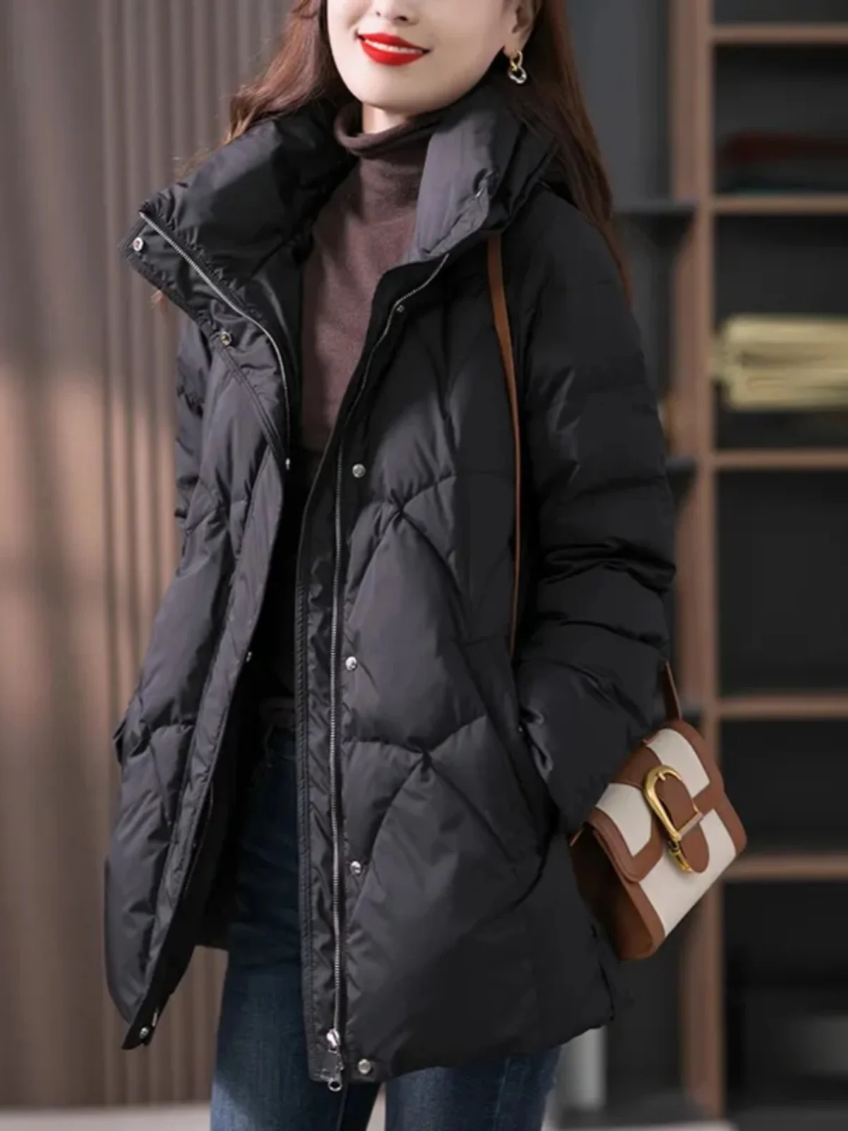 

Thiened Warmth Ladies down Cotton Jaet Bla plus Size Casual Fit Winter Outerwear Korean Design Detachable Hooded Coat