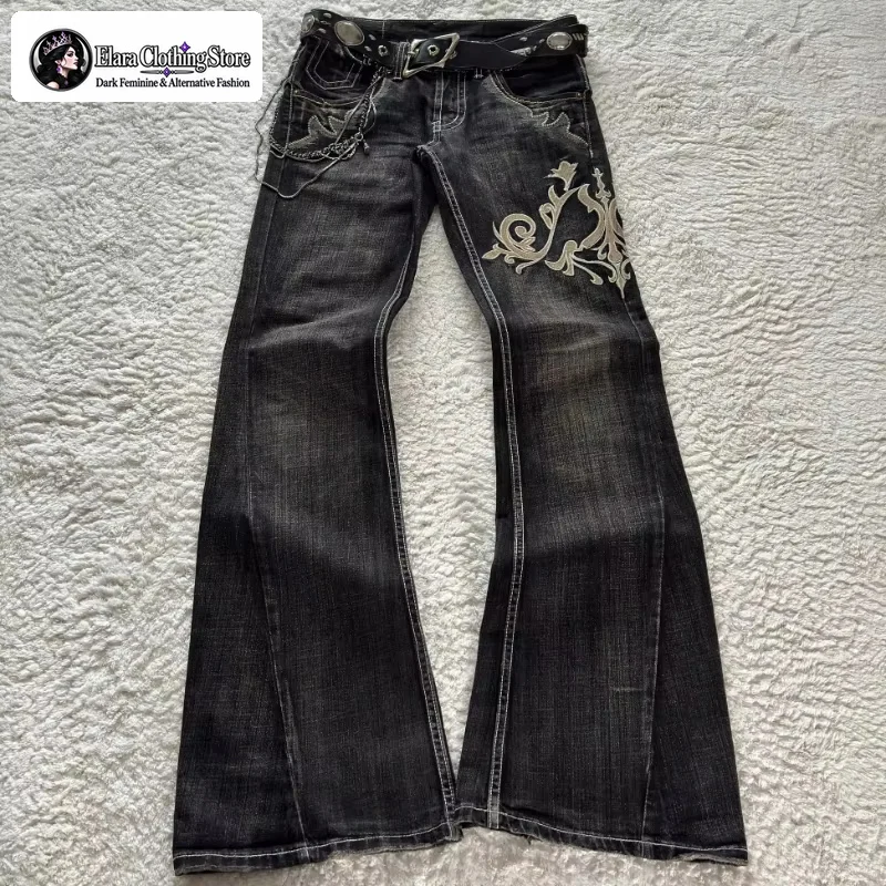 Elara Gothic Style Patchwork Embroidered Patch Women's Flared Jeans Y2k Harajuku Vintage Loose American Versatile Street Pants