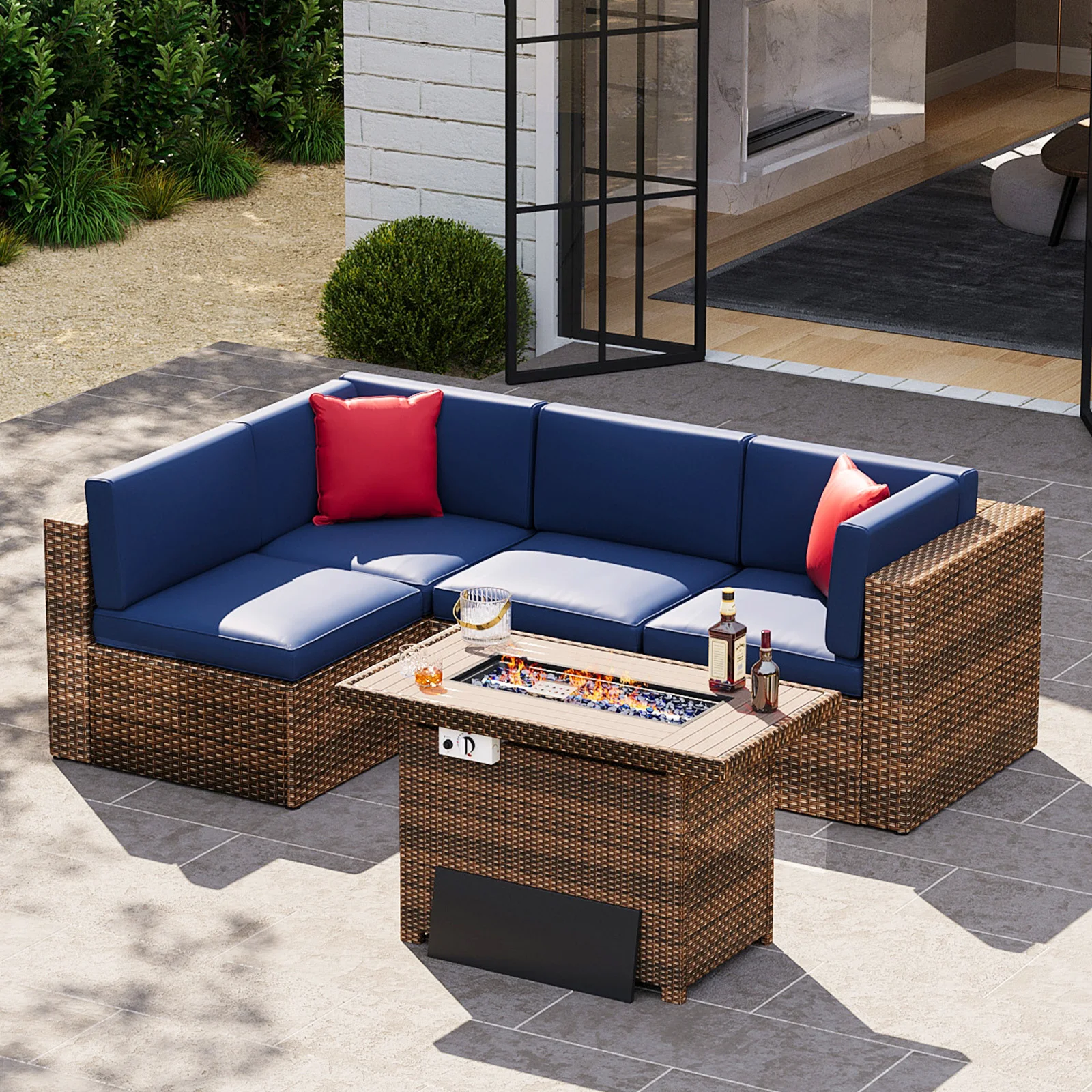 5-Piece Outdoor Patio Furniture Set,Sectional Wicker Rattan Conversation Set with Fire Pit Table - Small physiques- Blue