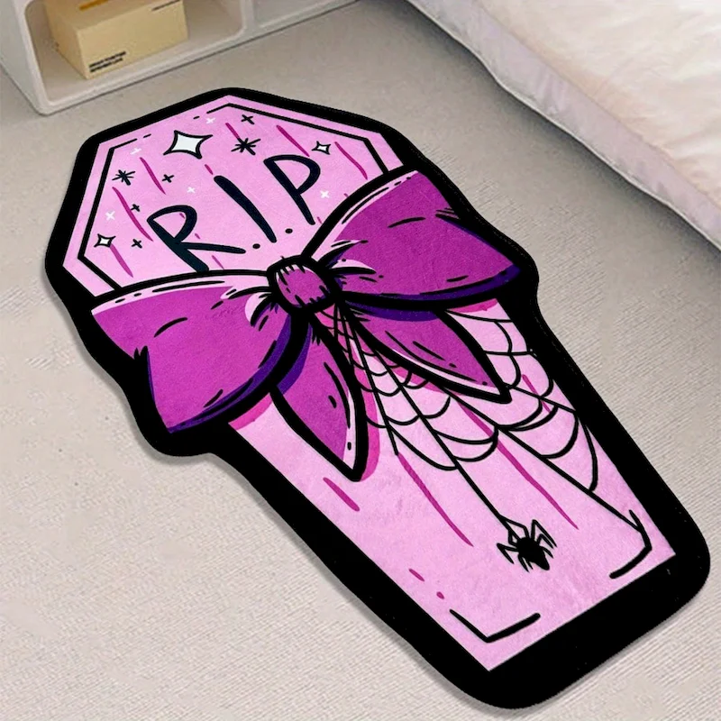 VIKAMA Pink Coffin shaped Carpet Gothic Horror Decorative Carpet Halloween Spider Printed Floor Mat Home Decoration