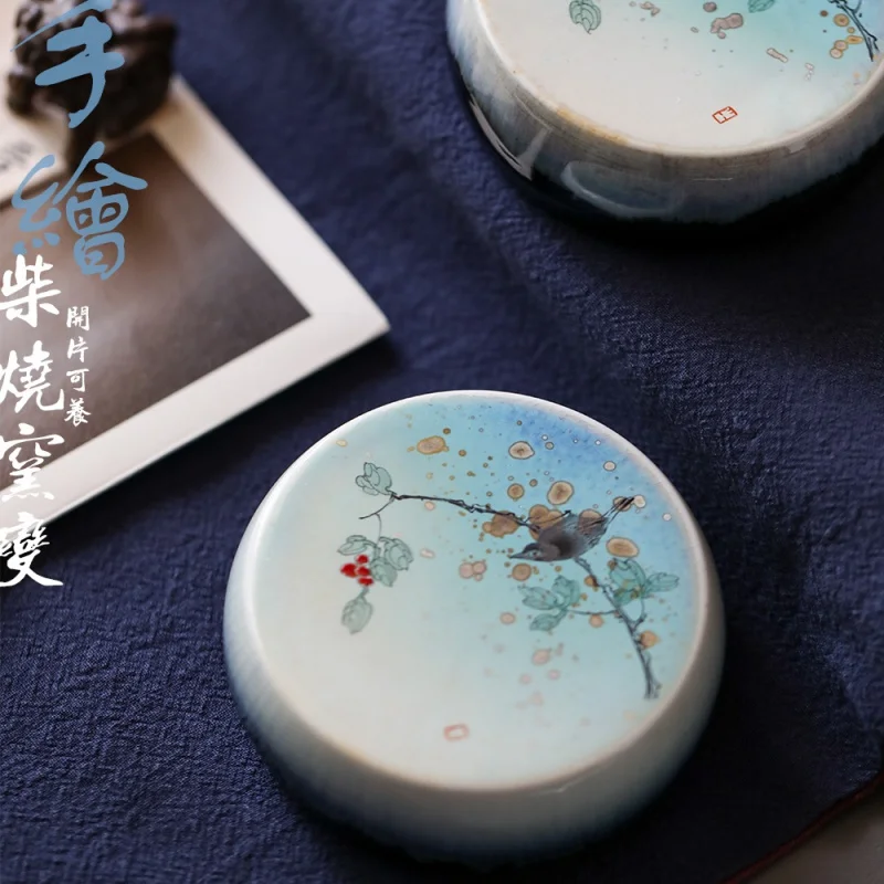 

Jingdezhen Hand-Painted Ceramic Cover Flowers and Birds Humanities Ceramic Pot Cover Holder Shelved Tea Ceremony Decoration Kung