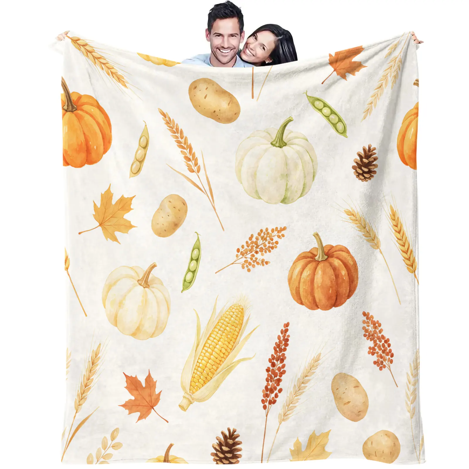 Watercolor Fall Harvest Plush Blanket Pumpkin Pinecone Print Soft Microfiber Throw Blanket for Bed Sofa Car Camping Thanksgiving