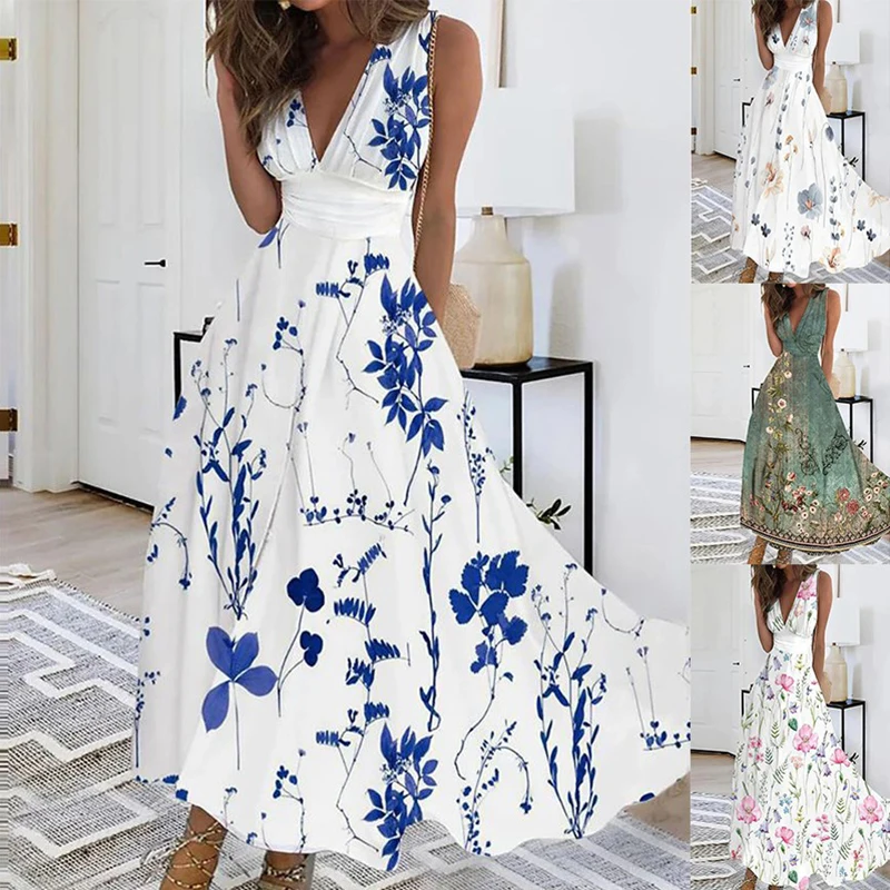 

Women's Dress Summer Fresh V-neck Waist Dress Sleeveless Print Sexy Dress 2024 Holiday Leisure