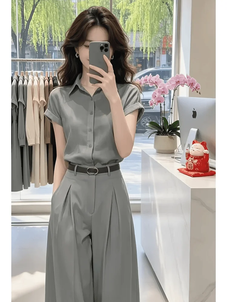 Unique Beautiful Small Set 2026 New Style Casual  Collar Short Sleeve Shirt High Waist Wide Leg Pants Women's Two-Piece Set