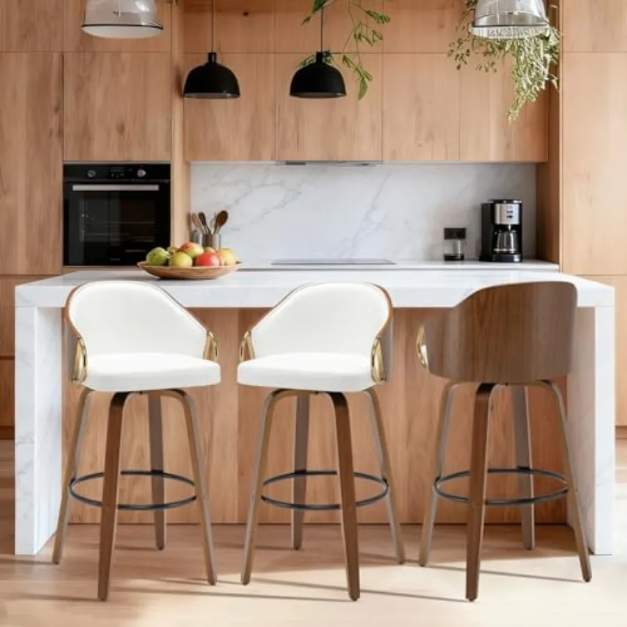 

30" Swivel Bar Height Bar Stools Set of 3, White Leather Tall Barstools Mid Century Modern Bar Chairs with Wood Legs and Golden