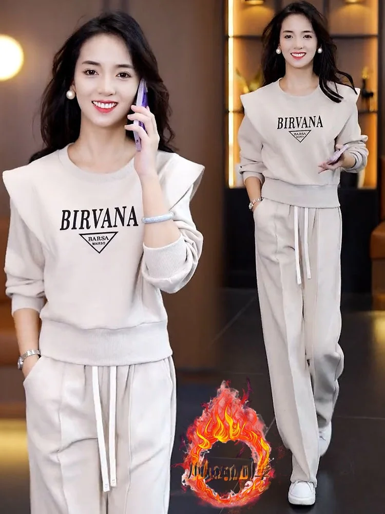 

Thiened Fce Lined round Ne Sweatirt And Wide Leg Pants Two Piece Set Casual Sportswear for Women Autumn Winter New S...