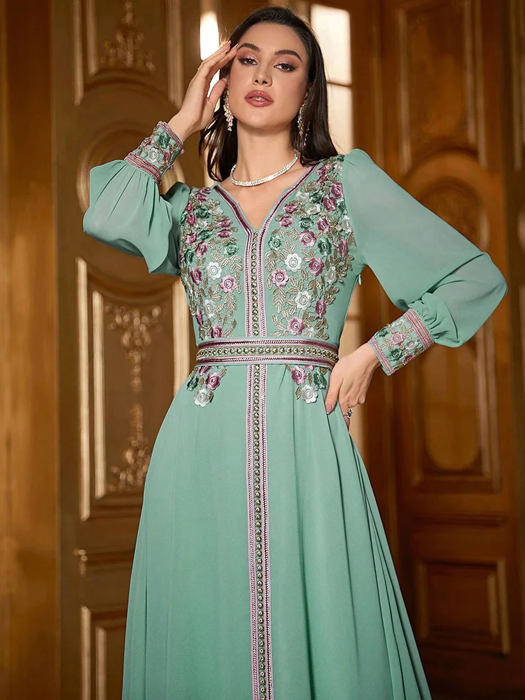 TOLEEN-Damen-Kleid im marokkanischen Stil mit Blumenstickerei, Patchwork-Jacquard-Gürtel, luxuriöser, eleganter Kaftan, Jalabiya Eid-Kleider, 2024