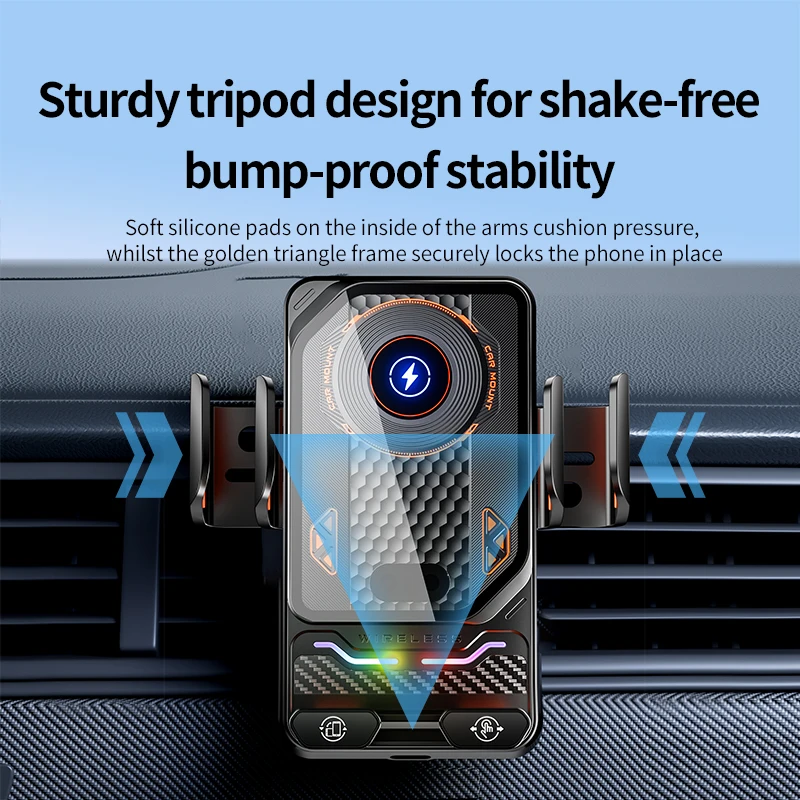 15W Auto Sensor Wireless Car Charger Mount RGB Carbon Fiber Phone Holder Fast Charge for All Smartphones Car Air Vent Dashboard view 4
