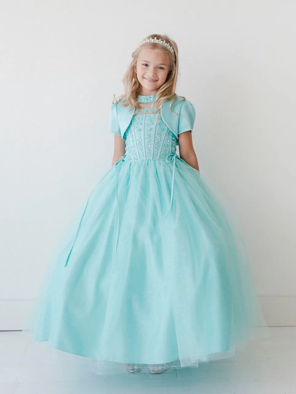 Sparkly A-line Tulle Flower Girl Dresses with Coat Illusion Halter Neckline Ankle-Length Beading Appliques Birthday Pageant Gown