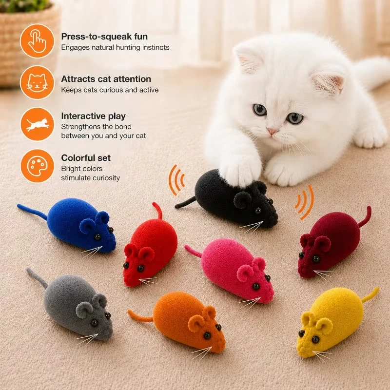 Random-Color Flocked Squeaky Toy Mouse for Cats–Durable,Chewable,Interactive; Solo Play Relieving Boredom–Gift for Cat