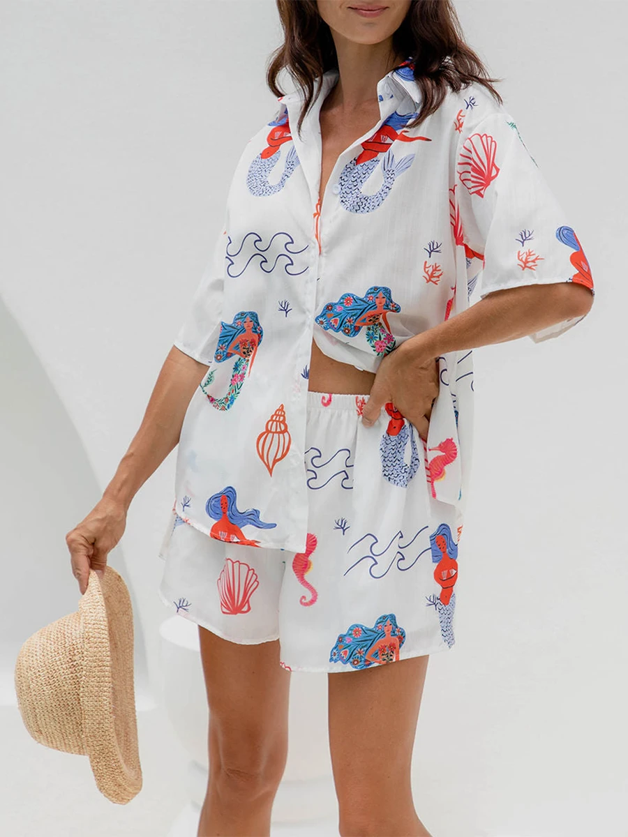 Women s 2pcs Lounge Set Outfits Mermaid Print Short Sleeve Button Down Oversized Blouse With Shorts Set Summer Clothes