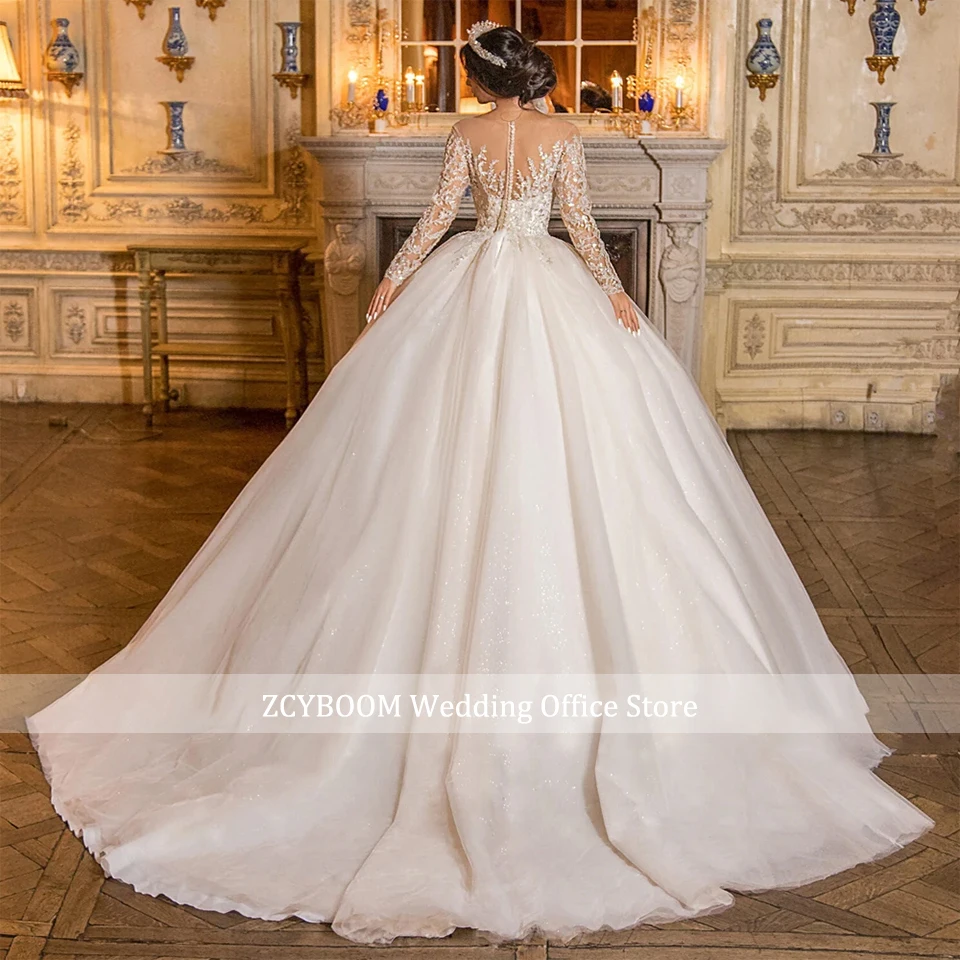 Luxury Beading Embroidery Lace Long Sleeves Ball Gown Wedding Dress 2026 Illusion Neck Court Train Bride Gowns Vestido De Noiva