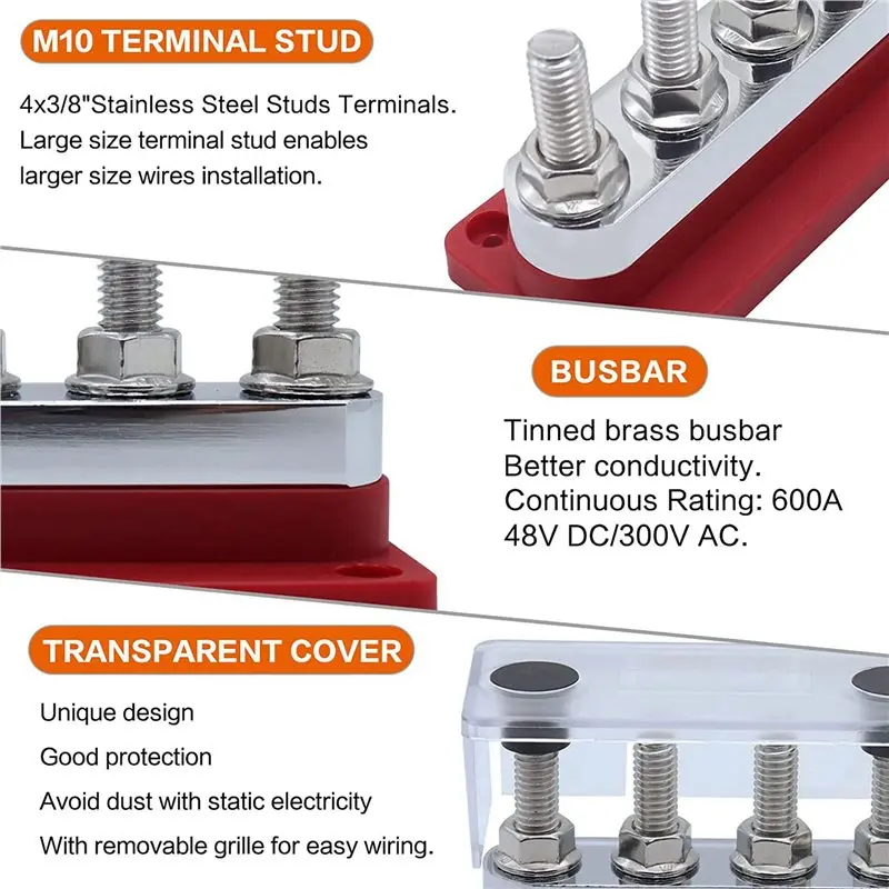 PZHI-3X 600A Bus Bar 4-Stud (3/8 Inch) M10 High Current Copper Busbar Terminal Block Marine DC 12V 24V 48V With Cover(Red)